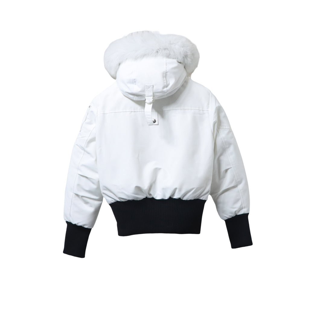 Moose Knuckles White Black-Trim Pom-Pom Hooded Bomber Jacket