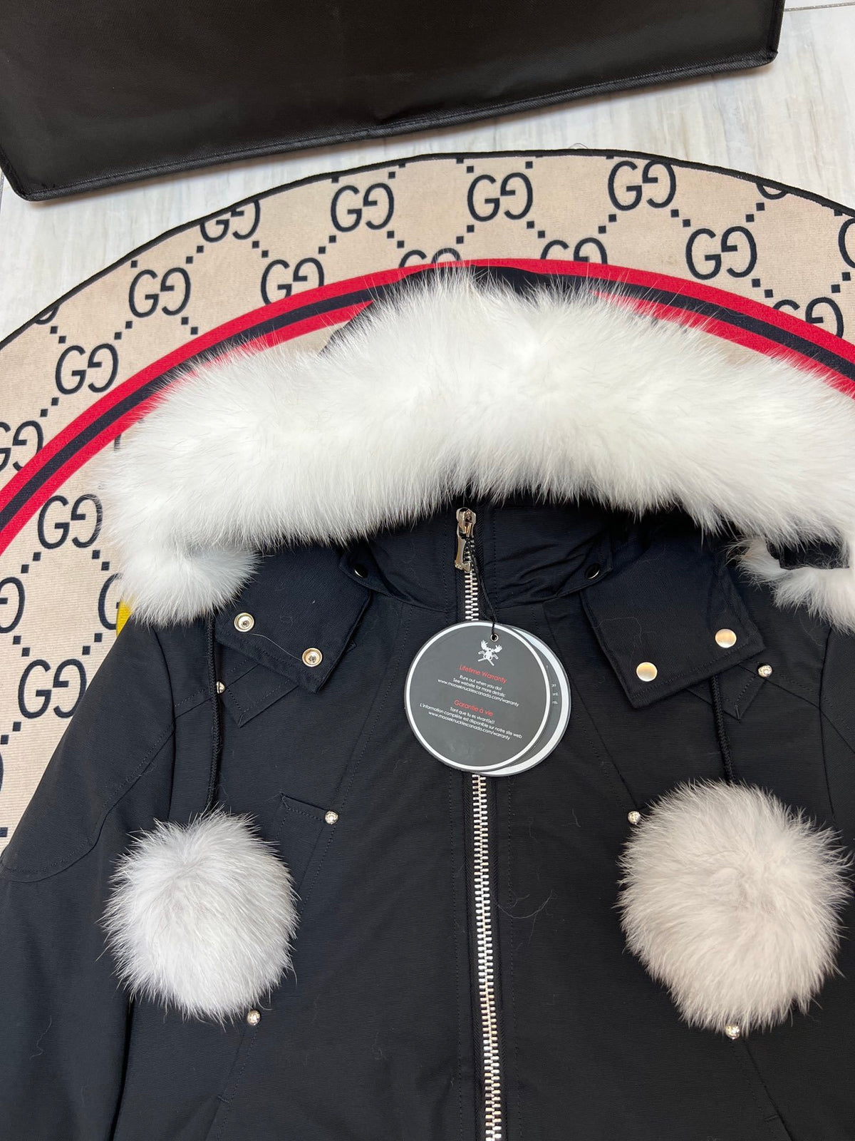 Moose Knuckles Black Pom-Pom Hooded Bomber Jacket