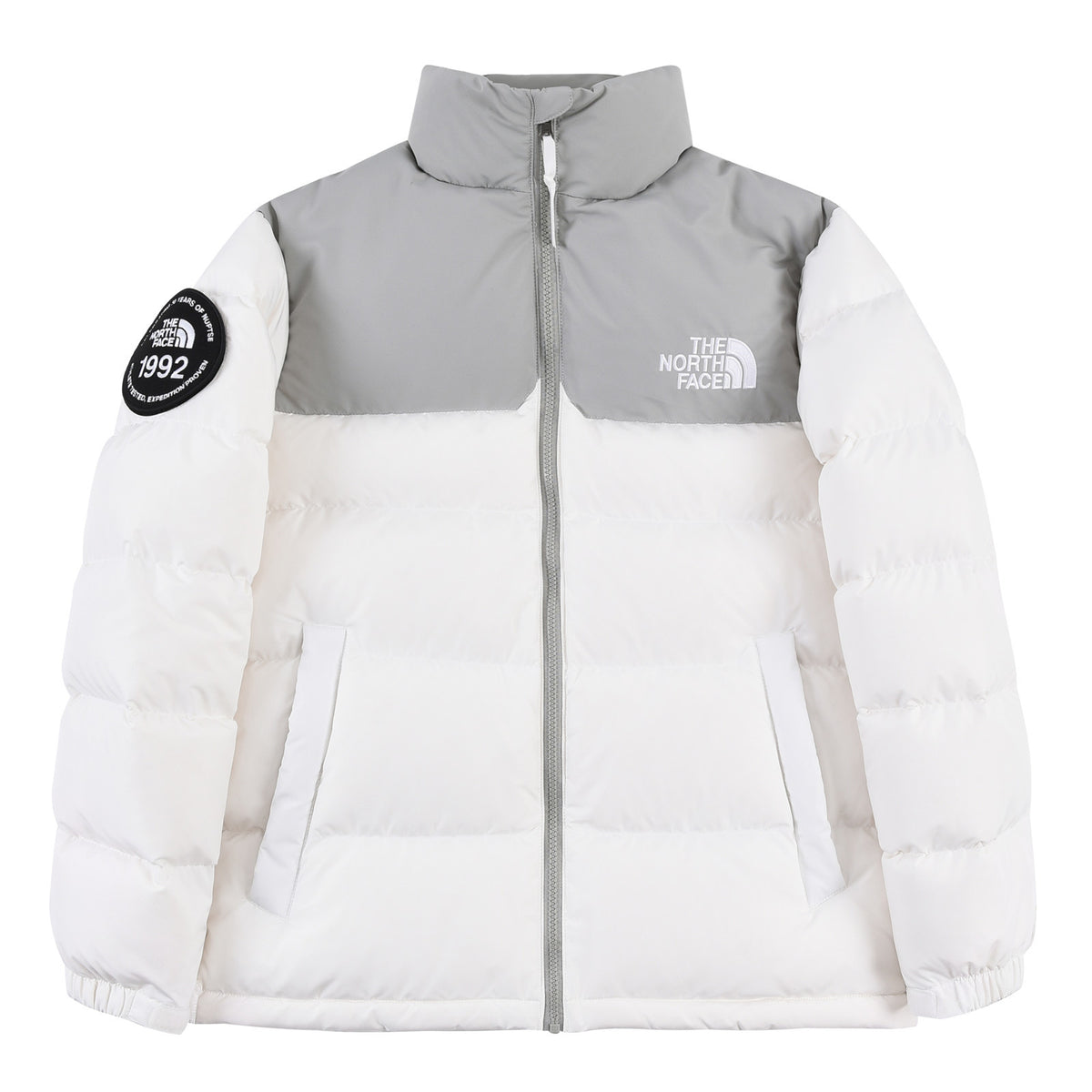 The North Face White and Gray Color-Block Puffer Jacket