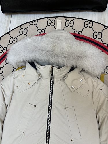 Moose Knuckles Ivory White Fur-Trim Hooded Bomber Jacket