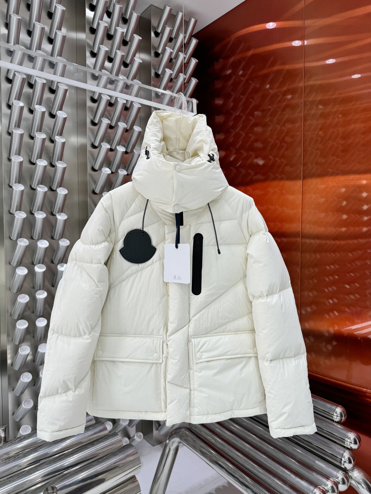 Moncler Ivory White Black-Badge Asymmetric-Quilt Hooded Jacket