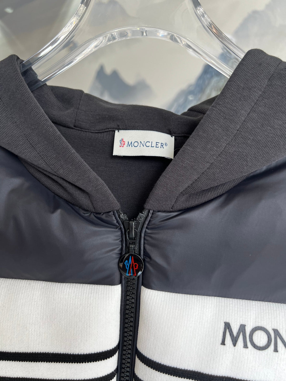 Moncler Black Logo-Stripe Quilted-Front Hooded Jacket