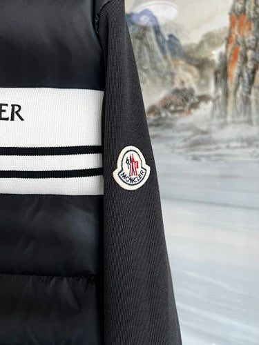 Moncler Black Logo-Stripe Quilted-Front Hooded Jacket