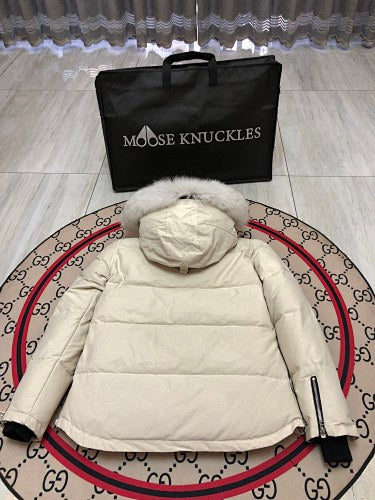 Moose Knuckles Ivory White Fur-Trim Hooded Quilted Jacket
