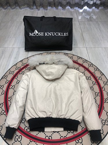 Moose Knuckles Ivory White Fur-Trim Hooded Bomber Jacket