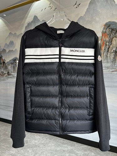 Moncler Black Logo-Stripe Quilted-Front Hooded Jacket