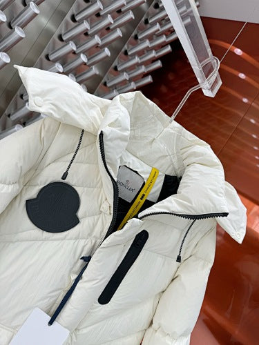Moncler Ivory White Black-Badge Asymmetric-Quilt Hooded Jacket