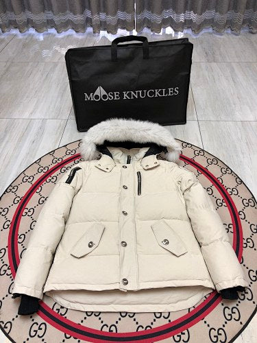 Moose Knuckles Ivory White Fur-Trim Hooded Quilted Jacket