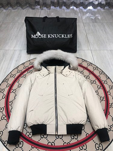 Moose Knuckles Ivory White Fur-Trim Hooded Bomber Jacket