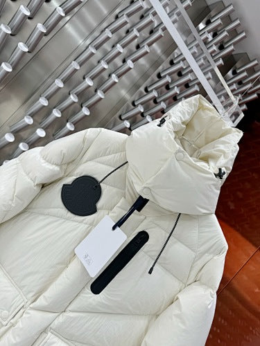 Moncler Ivory White Black-Badge Asymmetric-Quilt Hooded Jacket