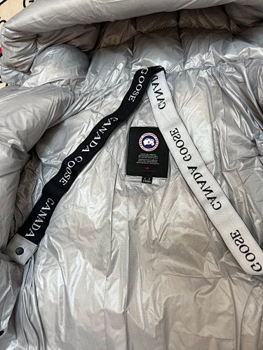 Canada Goose Metallic Silver Black-Badge Hooded Puffer Jacket