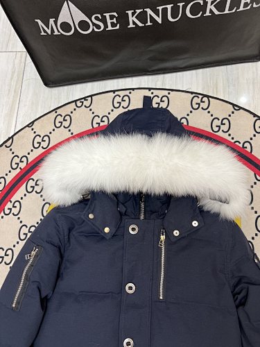 Moose Knuckles Navy Blue White-Trim Hooded Quilted Jacket