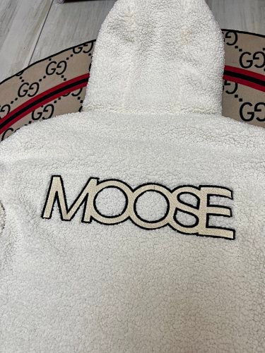 Moose Knuckles White and Black Hooded Teddy Jacket