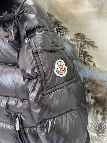 Moncler Black Glossy Sleeve-Pocket Hooded Puffer Jacket