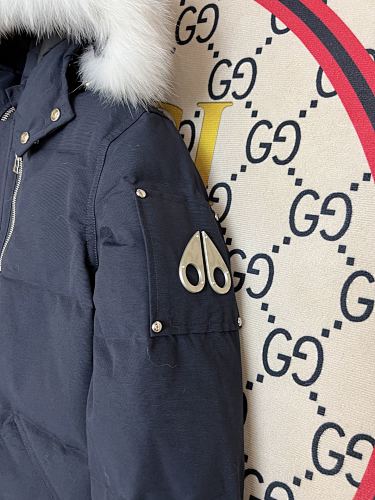 Moose Knuckles Navy Blue White-Trim Hooded Quilted Jacket