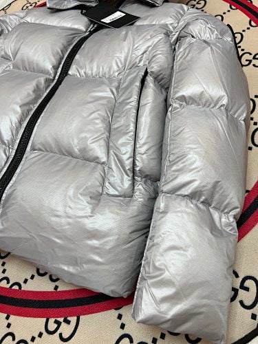 Canada Goose Metallic Silver Black-Badge Hooded Puffer Jacket