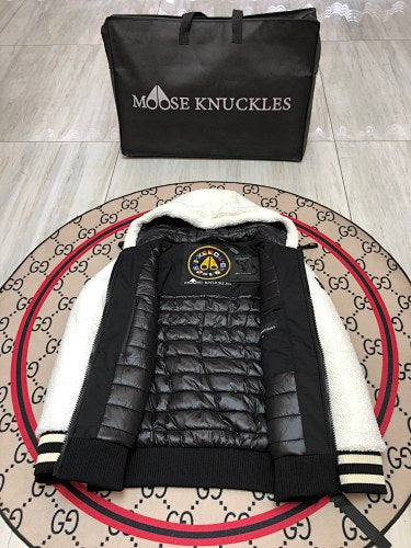 Moose Knuckles White and Black Hooded Teddy Jacket