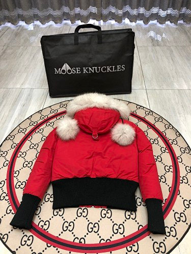 Moose Knuckles Red Pom-Pom Hooded Bomber Jacket