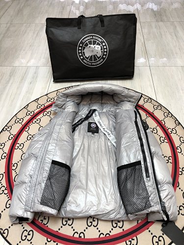 Canada Goose Metallic Silver Black-Badge Hooded Puffer Jacket