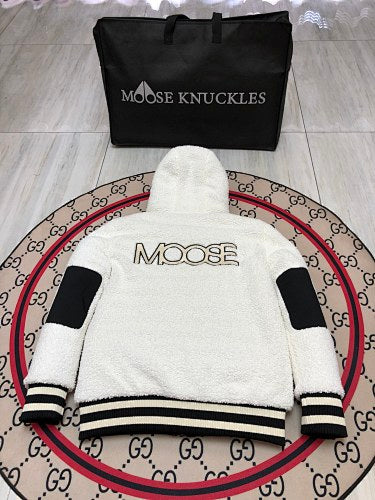 Moose Knuckles White and Black Hooded Teddy Jacket