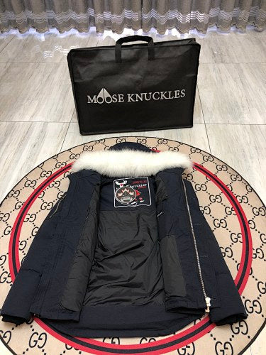 Moose Knuckles Navy Blue White-Trim Hooded Quilted Jacket