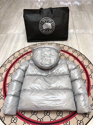 Canada Goose Metallic Silver Black-Badge Hooded Puffer Jacket