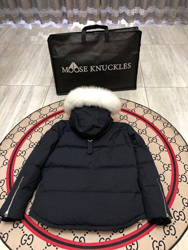 Moose Knuckles Navy Blue White-Trim Hooded Quilted Jacket