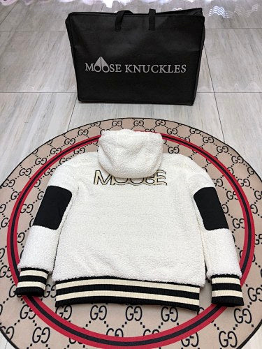 Moose Knuckles White and Black Hooded Teddy Jacket