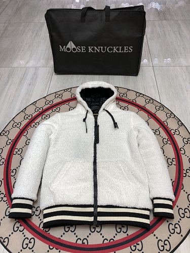 Moose Knuckles White and Black Hooded Teddy Jacket