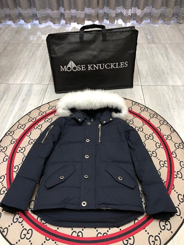 Moose Knuckles Navy Blue White-Trim Hooded Quilted Jacket