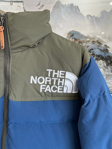 The North Face Blue and Olive Green Color-Block Puffer Jacket