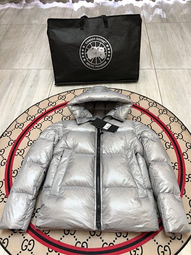 Canada Goose Metallic Silver Black-Badge Hooded Puffer Jacket