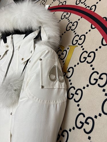 Moose Knuckles White Pom-Pom Hooded Bomber Jacket