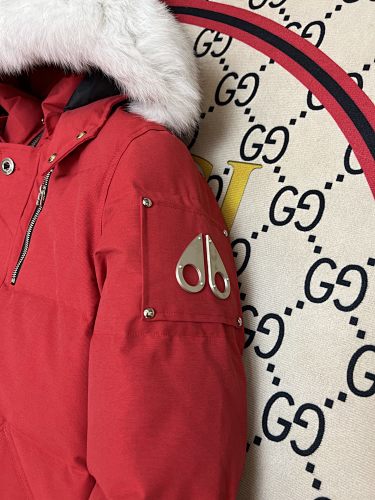Moose Knuckles Red White-Trim Hooded Quilted Jacket