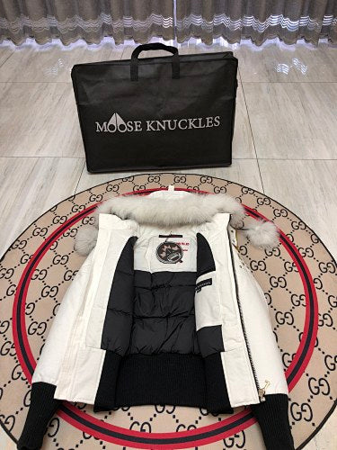Moose Knuckles White Pom-Pom Hooded Bomber Jacket