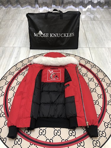 Moose Knuckles Red White-Trim Hooded Bomber Jacket