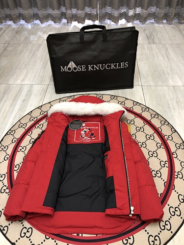 Moose Knuckles Red White-Trim Hooded Quilted Jacket