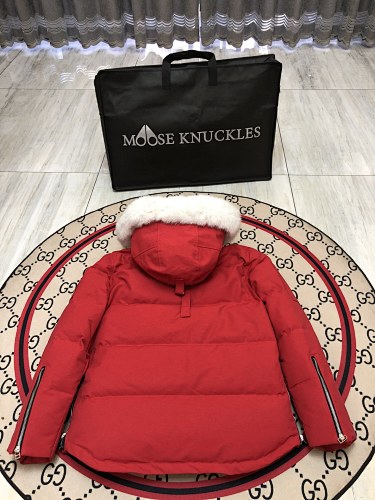 Moose Knuckles Red White-Trim Hooded Quilted Jacket