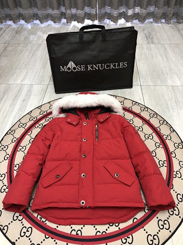 Moose Knuckles Red White-Trim Hooded Quilted Jacket