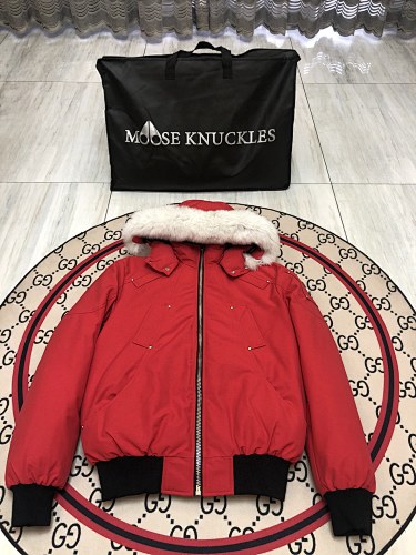 Moose Knuckles Red White-Trim Hooded Bomber Jacket