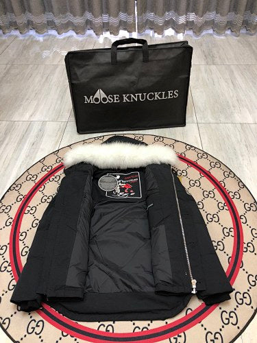 Moose Knuckles Black White-Trim Hooded Quilted Jacket