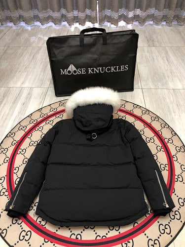 Moose Knuckles Black White-Trim Hooded Quilted Jacket
