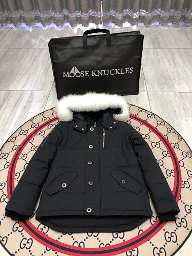 Moose Knuckles Black White-Trim Hooded Quilted Jacket