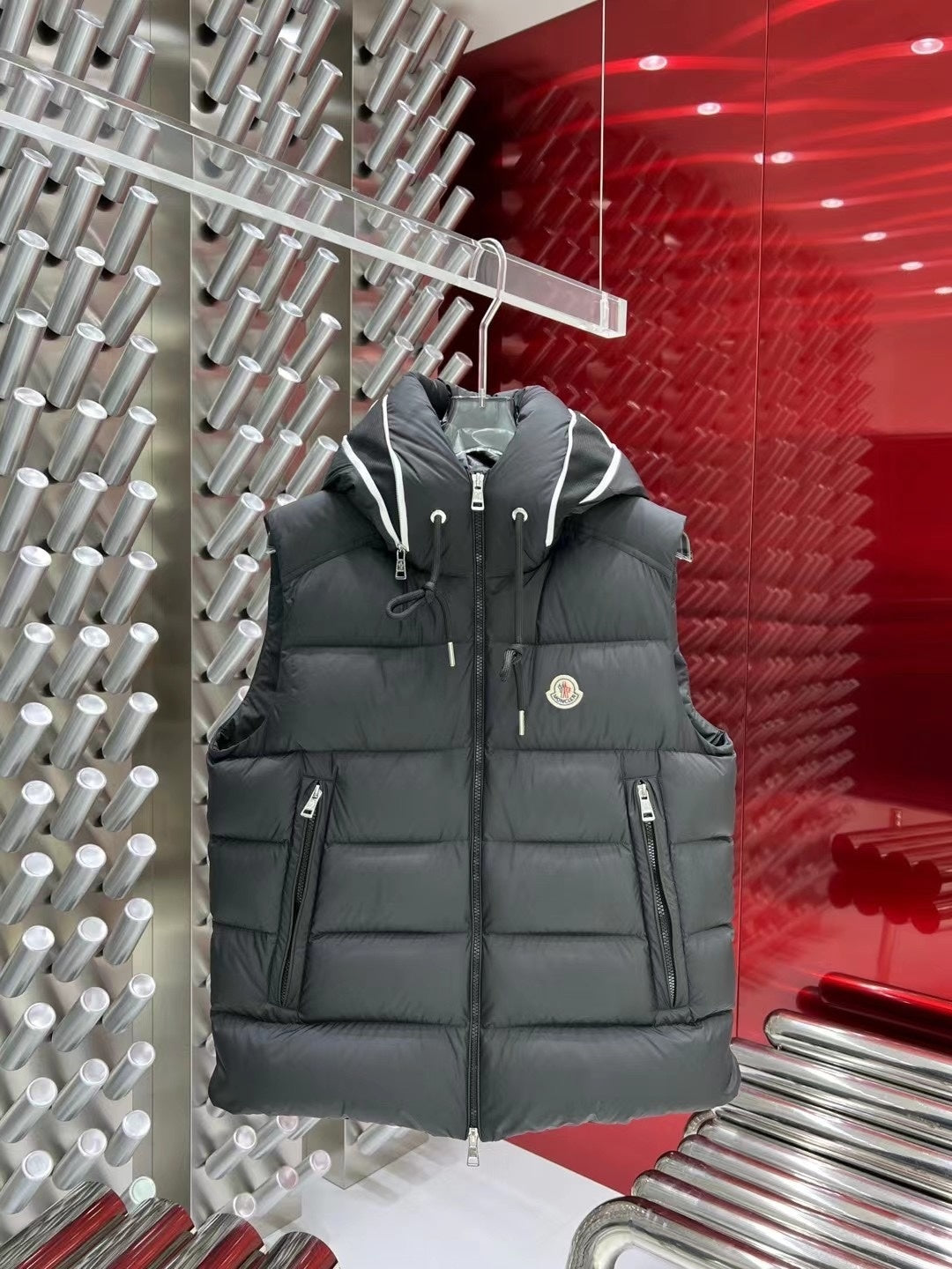 Moncler Charcoal Gray Logo-Trim Hooded Puffer Vest