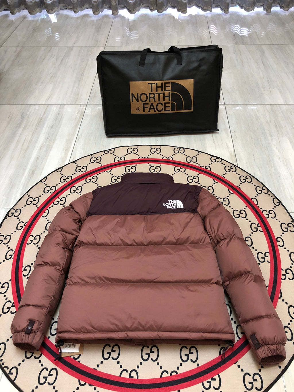 The North Face Brown and Burgundy Color-Block Puffer Jacket