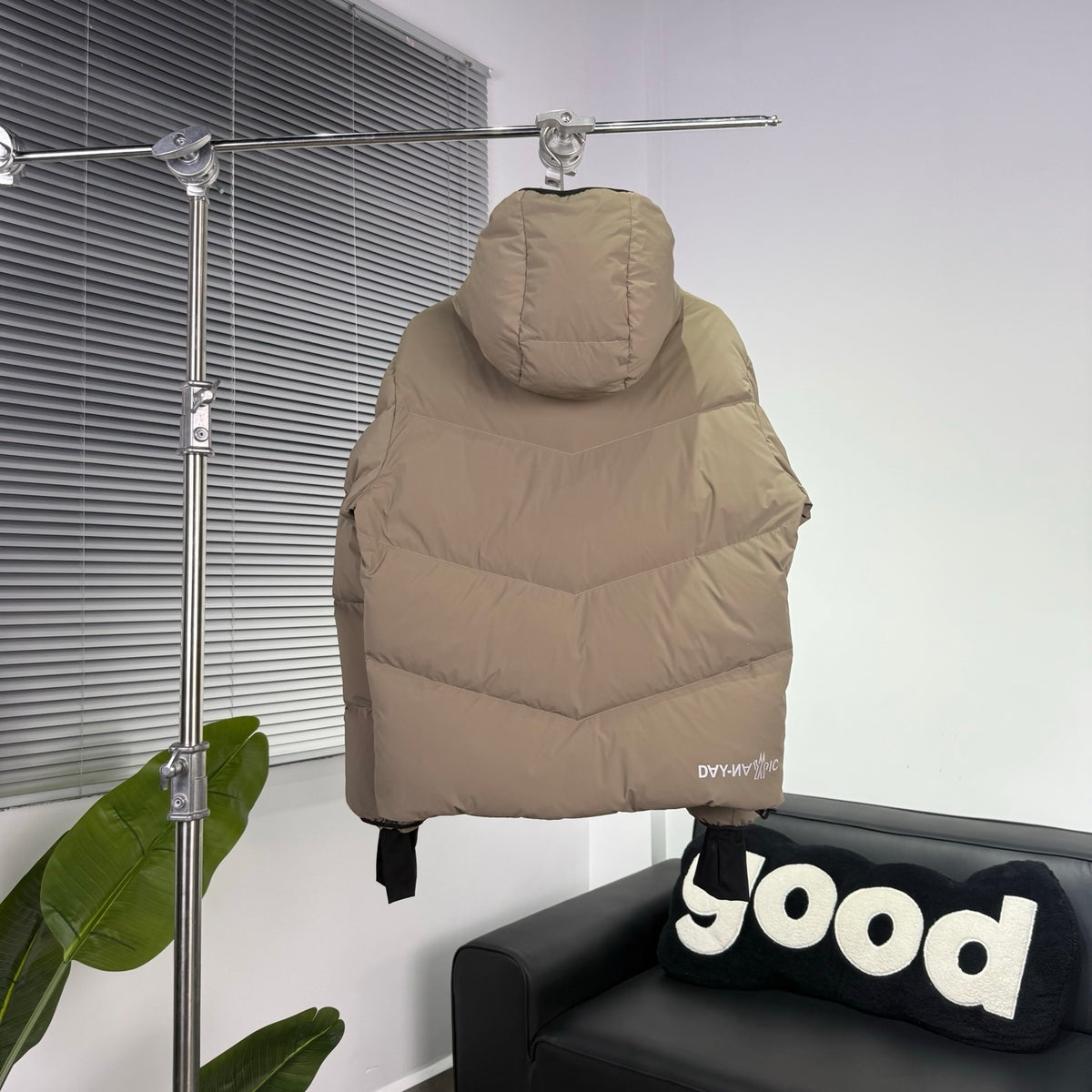 Moncler Khaki Beige Chevron-Quilt Hooded Puffer Jacket