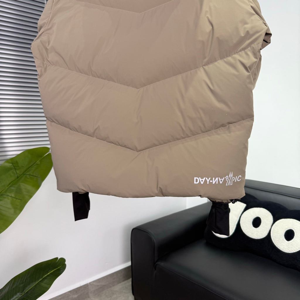 Moncler Khaki Beige Chevron-Quilt Hooded Puffer Jacket