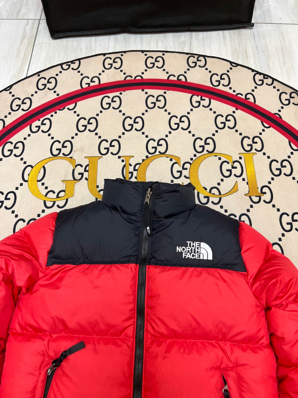 The North Face Red and Black Stand-Collar Puffer Jacket