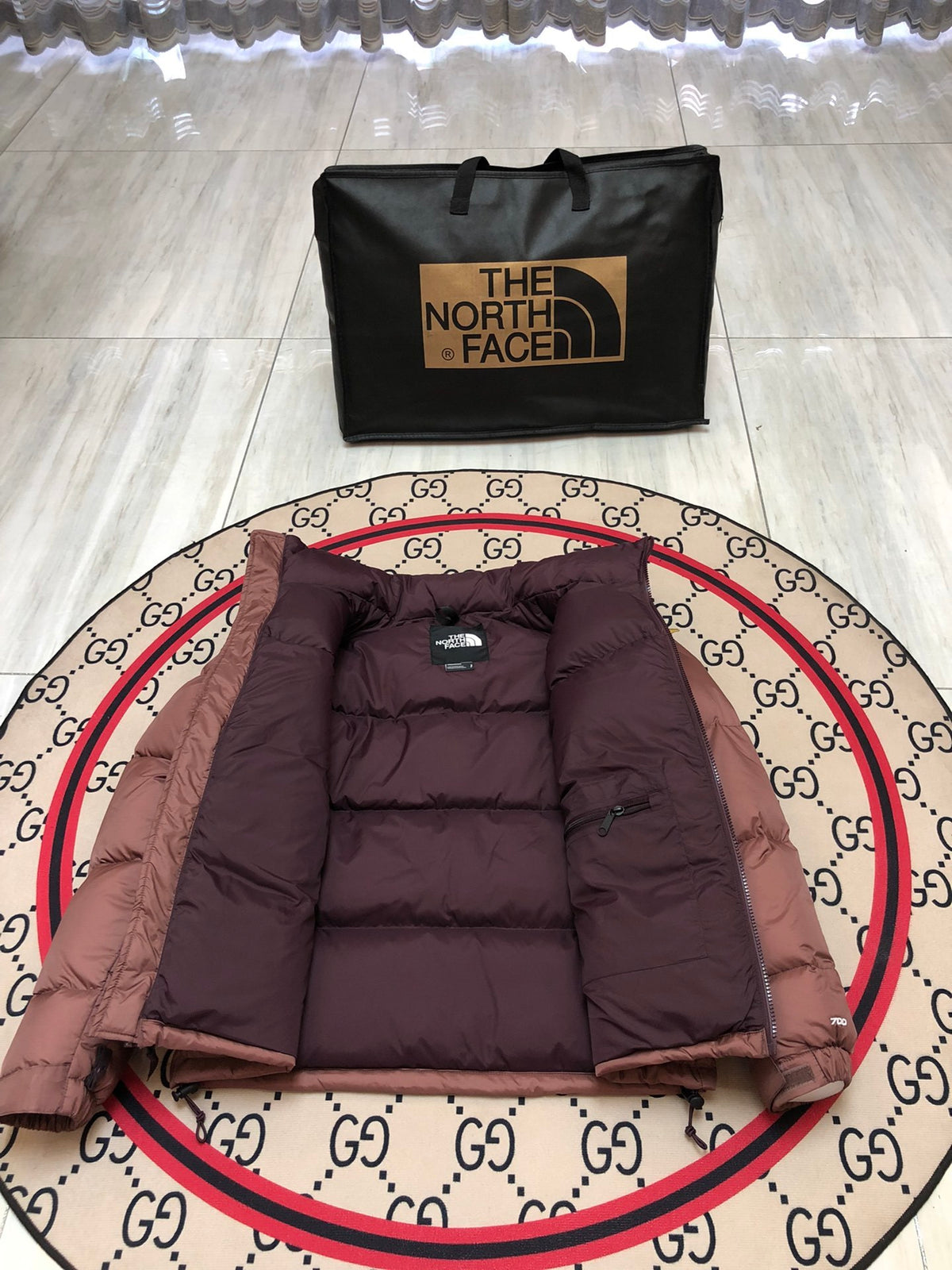 The North Face Brown and Burgundy Color-Block Puffer Jacket