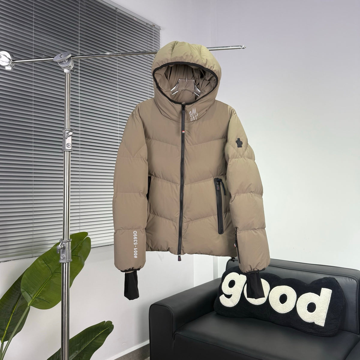 Moncler Khaki Beige Chevron-Quilt Hooded Puffer Jacket
